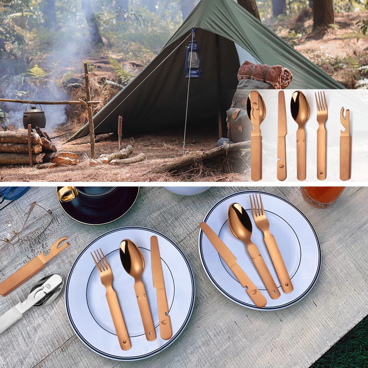 AARAINBOW Stainless Steel Portable Outdoor Flatware Set, 4 in 1 Camping Cutlery Set Travel Utensils Set with Spoon Fork Knife and Bottle Can Opener Detachable Reusable Picnic Silverware (Rose golden)