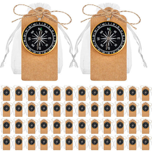 50 Sets Mini Compass Favors-Joyfulmap Compass Favors with Kraft Tags and Drawstring，Mini Compass Decorations for Weddings-Travel-Nautical-Birthday Themed Party Decorations(Golden)