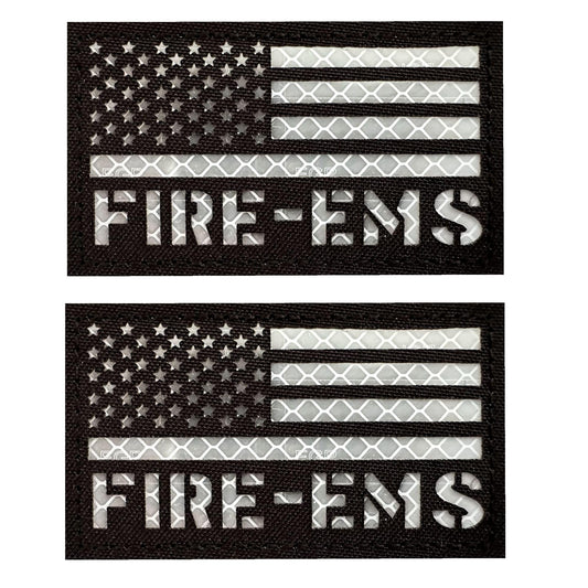 2 Pack Reflective EMS Fire Rescue Patch with Hook Back for Service Harness Tactical Vest Patch (Black-White)