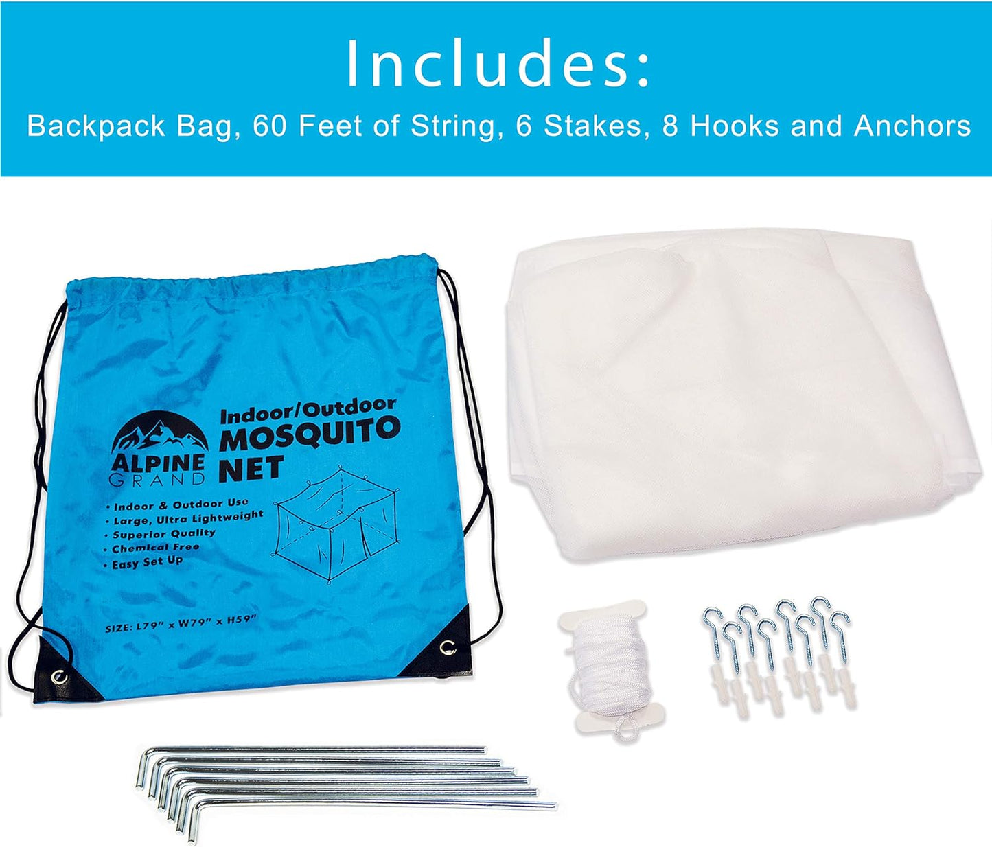 Premium Mosquito Net for Double Bed, crib, hammock or camping by Alpine Grand, Full hanging kit with extra-long strings and 8 hooks, Free Carry Bag
