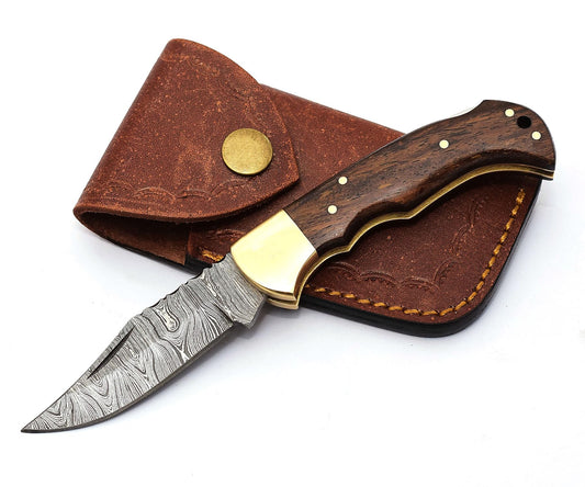Sky Knives 6.5" Handmade Damascus Steel Folding Hunting Knives For Men, Pocket Knife For Camping, Survival, Skinning And Outdoor Activities With Leather Sheath. (Rosewood)