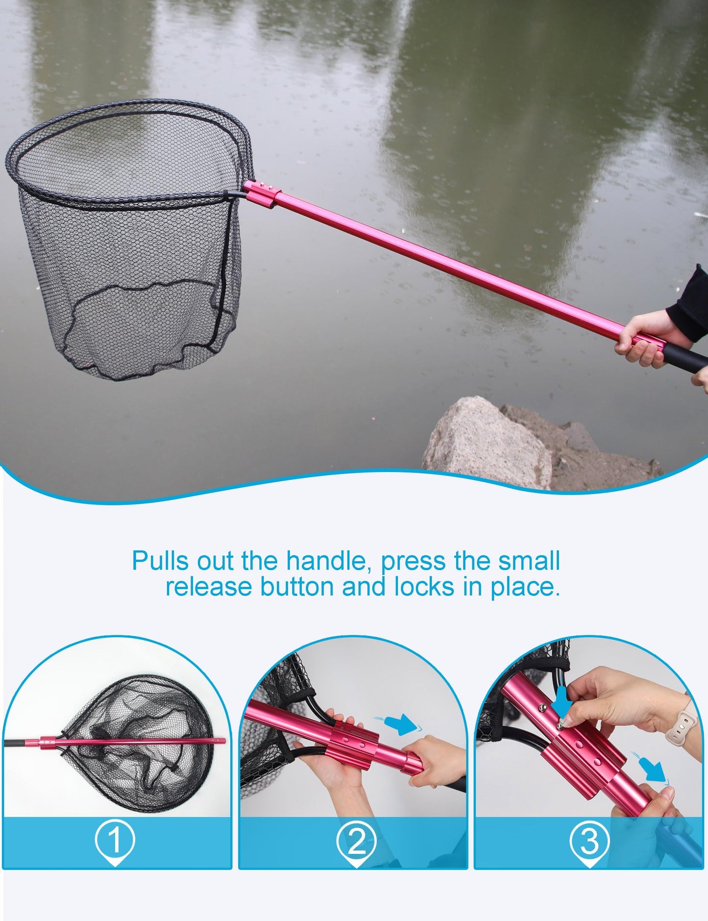 Beoccudo Fishing Net Large Fishing Net with Handle Landing Nets for Saltwater Telescopic Rubber Fishing Nets for Fish Aluminum Dip Fish Net, Extends to 70-92in, Net Hoop 28x24in, 27.5in Deep