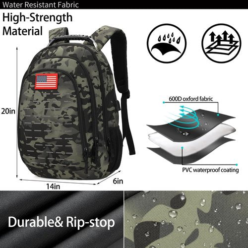 Qimailer Camo Backpack,Small Tactical Backpack for outdoor,Military Teen Boys Backpacks for School with USB Charging Port,40L