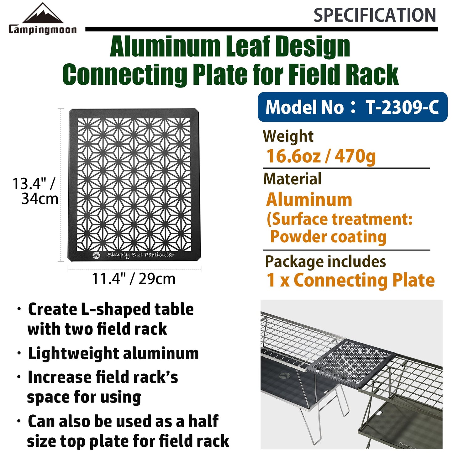 camping moon Connecting Top Plate Half size for Field Rack Leaf Design Aluminum Black T-2309-C
