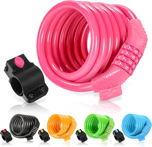 Secure Etronic 6ft Coiled Bike Lock - Resettable Combo Lock with Mounting Bracket