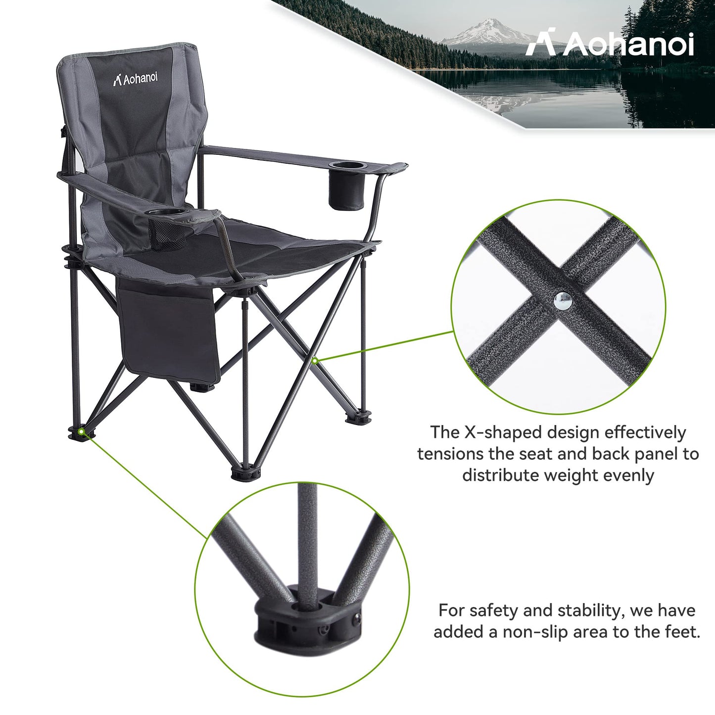 Aohanoi Oversized XL Camping Chairs for Adults, Padded Folding Camp Chair with High Back, Cup Holder & Side Pocket for Outside, Lawn, Beach, Fishing, Sports, Folding Heavy Duty Chairs, Black