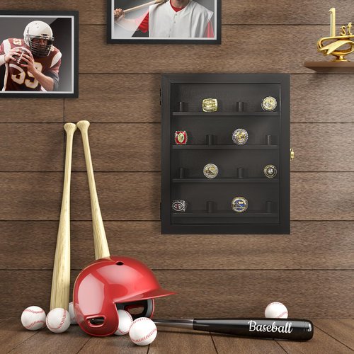 Championship Ring Display Case, 16 Posts Ring Display Case, 10 x 12 Wall Mount Shadow Box, Baseball Ring Holder, Black