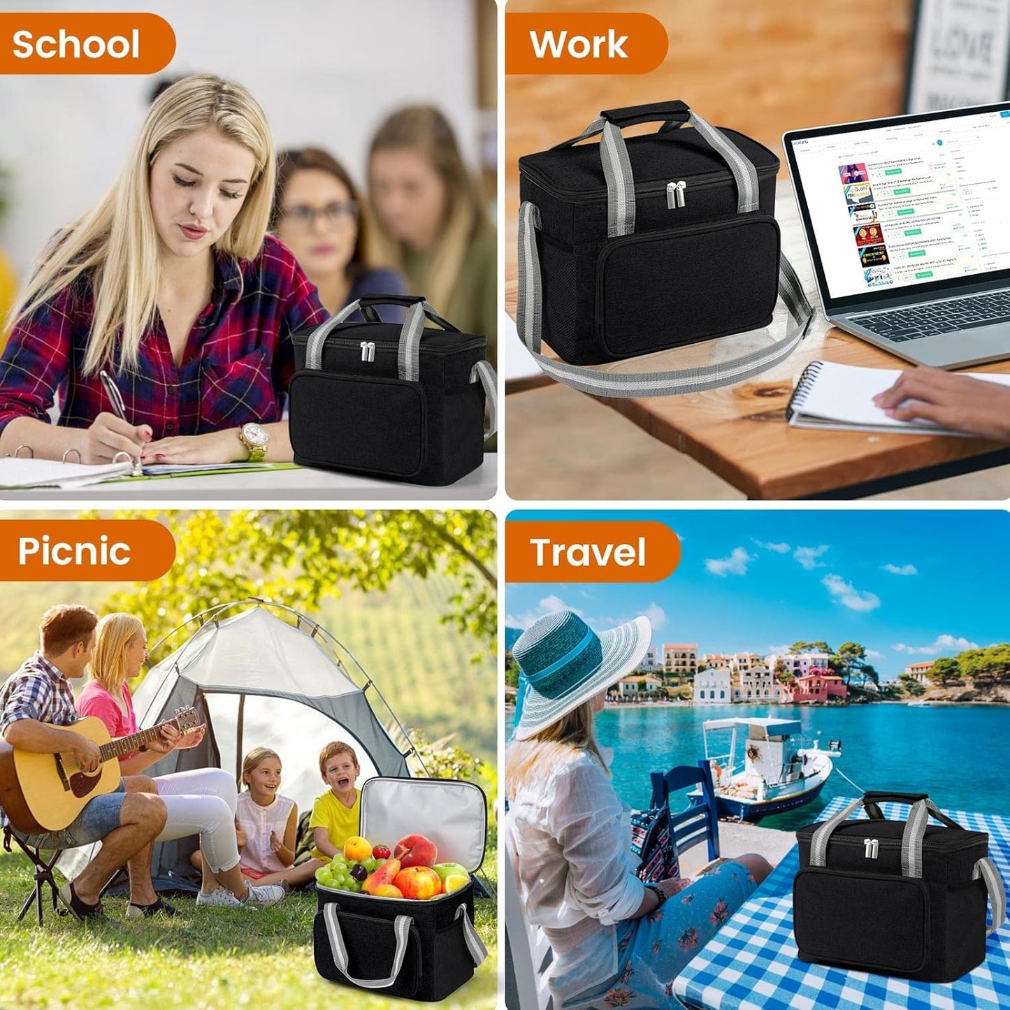 Insulated Cooler Bag for 24Can (15L), Reusable Thermal Bag, Leakproof Freezable Cooler Bag Organizer with Adjustable Shoulder Strap for Women Men Office Work Picnic Hiking Beach, Black