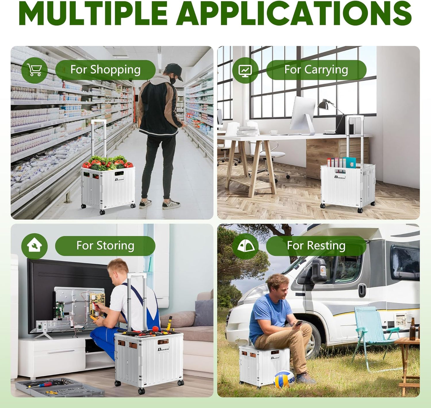 Folding Utility Cart with Lid, Portable Rolling Crate Handcart Collapsible Shopping Trolley, Durable Plastic Foldable Tool Basket with 4 Rotate Wheels for Grocery, Office, Luggage, School - White