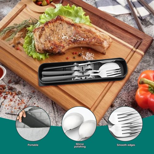 HMDZMR Travel Utensils with Case, 4pc Reusable Utensils Set with Case, Camping Utensil Set, Portable Silverware Lunch Utensils Set for Work Camping School (Black)