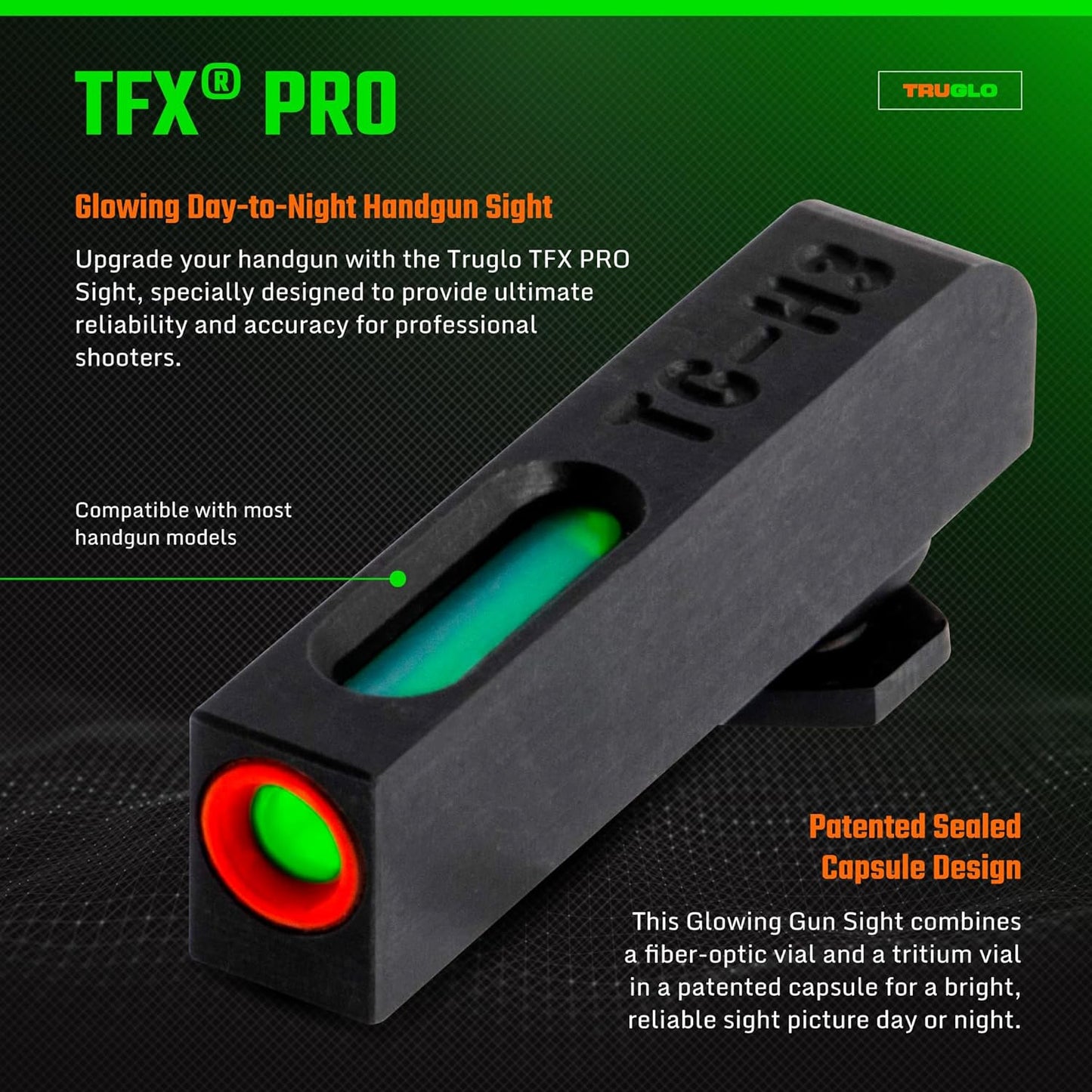 Truglo TFX PRO Night Sight for Handguns - Glowing Tritium & Fiber Optic, Compact & Durable