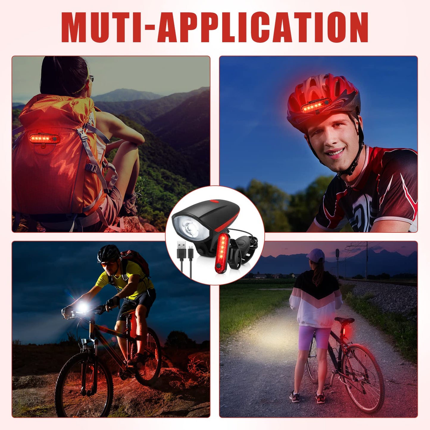 Hanaive 4 Sets Bright LED Bike Light Set USB Rechargeable Bicycle Front Headlight Back Taillight Waterproof Bicycle Light Cycling Accessories for Men Women Night Road Mountain Riding(Popular Style)