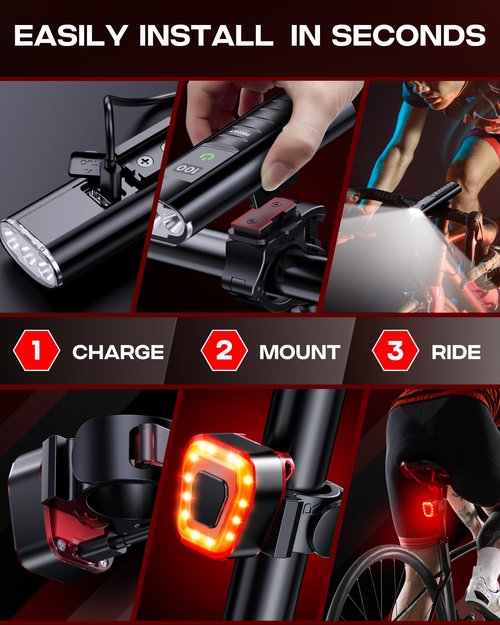 Bike Light Set, Prasky Rechargeable Bicycle Lights Front and Rear, Super Bright LED Headlight, IP65 Waterproof Multiple Modes Road Mountain Bike Lights for Night Riding