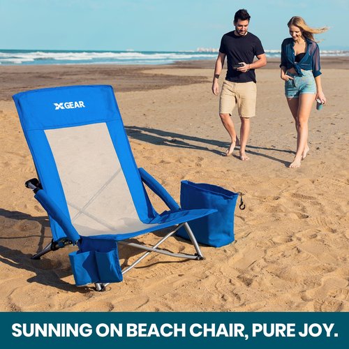 XGEAR High Back Folding Beach Chair with Detachable Cooler Bag High Back Mesh Back Sand Chair for Beach, Lawn, Camping, Travel, Support Up to 350 lbs