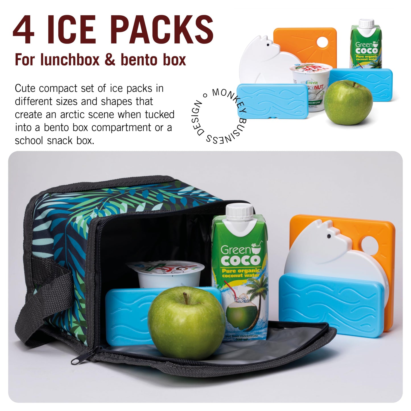 Monkey Business Back To Cool Ice Pack Set, 4 Reusable Ice Packs for Lunch Boxes and Cooler Bags, Colorful Camping Refillable Ice Pack for Food (Polar Bear Set)