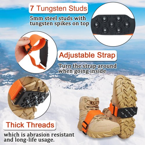 Ice Cleats Snow Traction Cleats for Boots and Shoes Mid-Sole Non Slip Crampons with Adjustable Straps 7 Tungsten Studs for Secure Grips Rotatable Traction Aids Walking on Snow and Ice S/M-1PCS