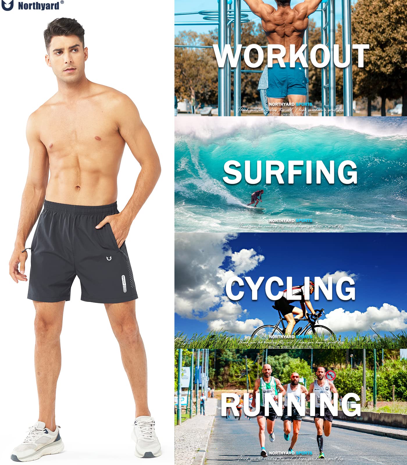 NORTHYARD Men's Athletic Running Shorts Gym Workout 7"/9"/5" Quick Dry Lightweight Sports Basketball Tennis 3 Zipper Pockets DARKGREY-5inch 4XL