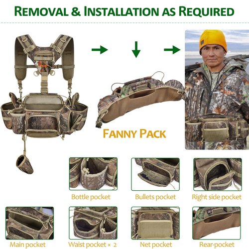 NEW VIEW Hunting Fanny Waist Pack for Men, Camo Waist Bag for Hunter, Backpack with Rifle, Shotgun, and Bow Holder (Upgrade)