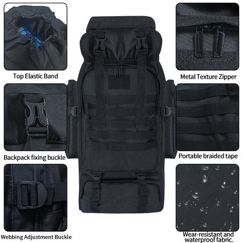 Nayubo 80L Hiking Backpack Camping Travel Daypack Waterproof Adjustable Extra Large Backpack Climbing Trekking Outdoor Sport Bag Molle Rucksack for Men Women (Black)