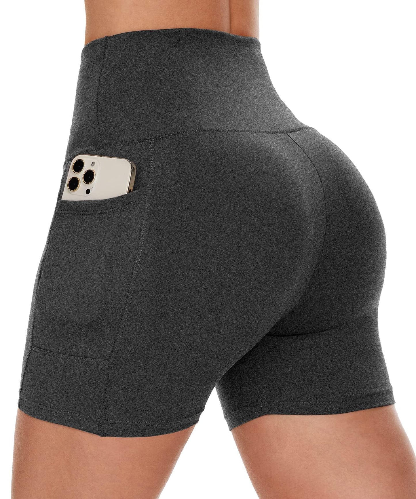 CAMPSNAIL Biker Shorts Women with Pockets - 3"/5"/8" High Waisted Workout Spandex Tummy Control Gym Running Yoga Shorts Dark Grey-Heather