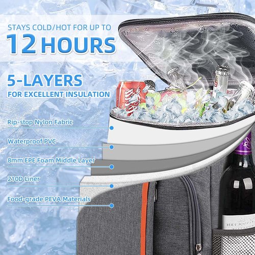 Bagtopia Camping Cooler Backpack 25 Cans, Leak Proof Soft Insulated Compartments Thermal Bag, Portable Lightweight Beach Travel Trip Picnic Lunch Backpack for Men and Women, Stripes-Grey