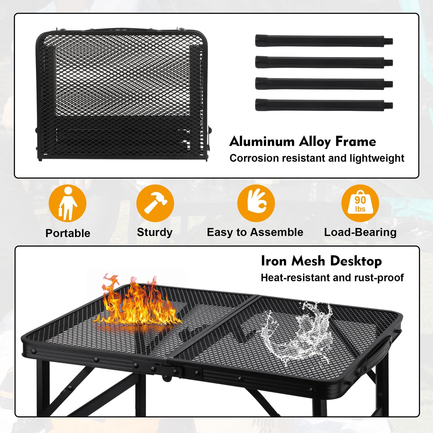 GREGIN Camping Table with Mesh Desktop, Lightweight & Portable Small Folding Grill Table, Height Adjustable Metal Outdoor Table for Camp, Cooking, BBQ, RV, Picnic-2 FT Black