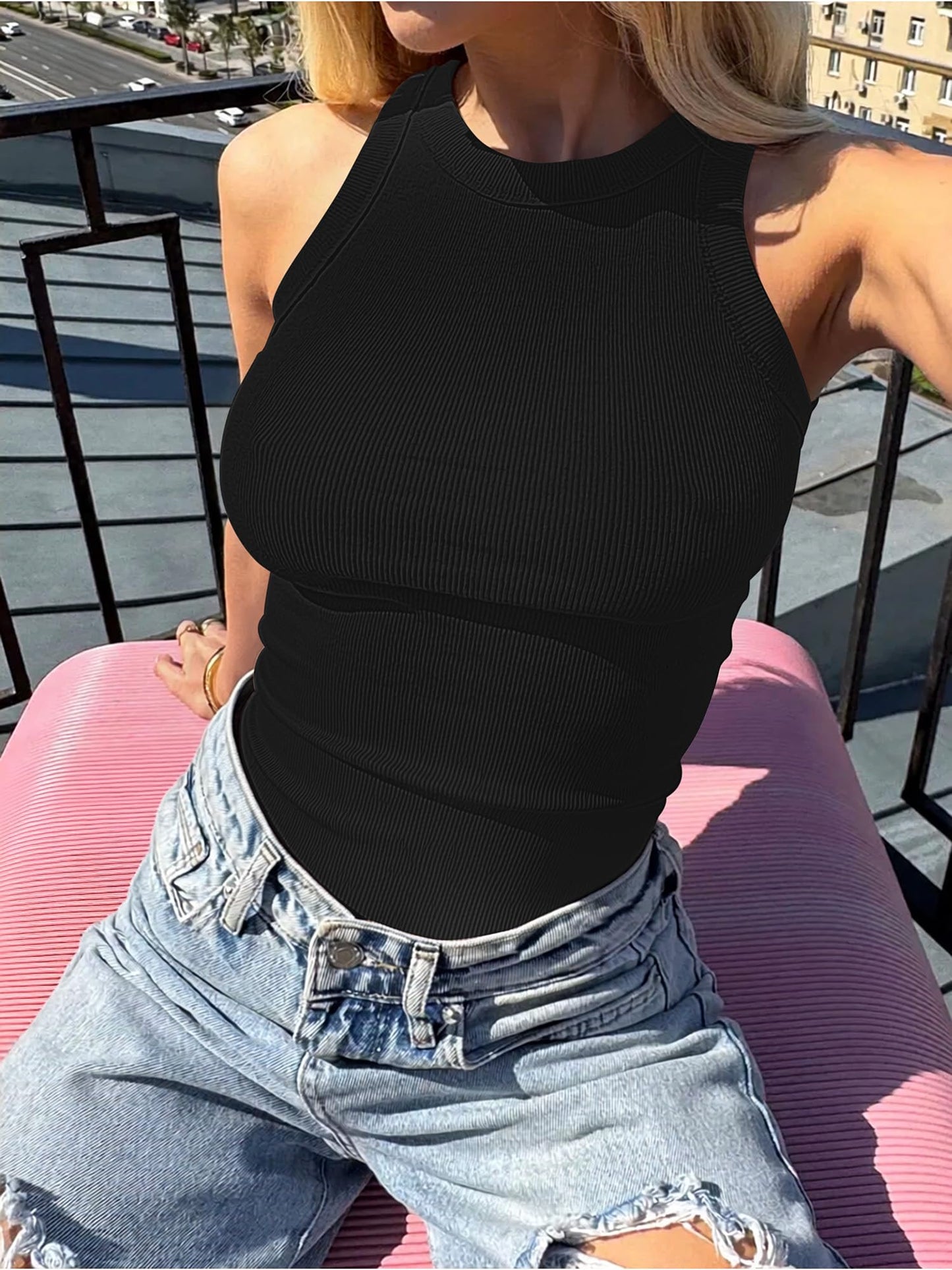 ANRABESS Sleeveless Tank Tops for Women High Neck Racerback Ribbed Knit Top Summer 2026 Casual Basic Slim Fit Workout Shirts Black Large