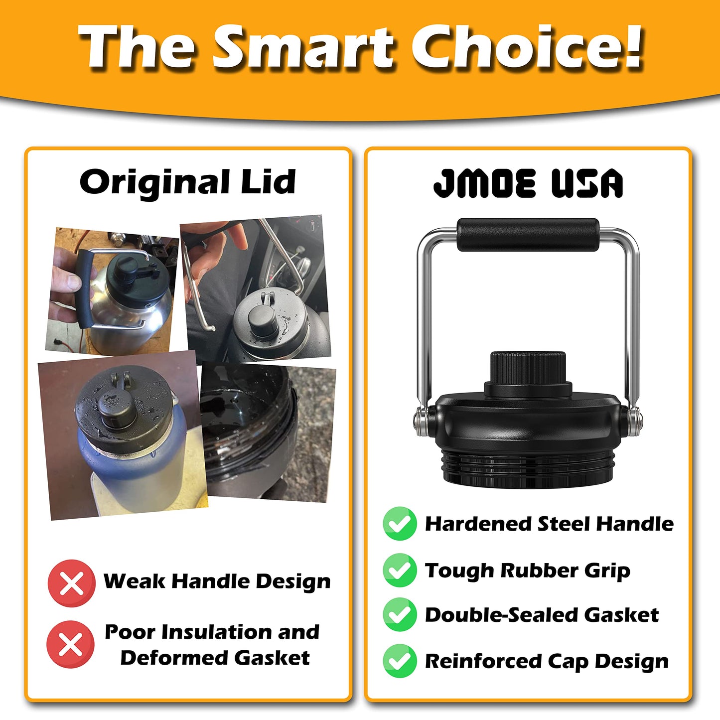 Jmoe USA Improved Jug Lid for RTIC Half Gallon and One Gallon Jugs | Replacement Lid With Upgraded Features, Better Cap, Rubber Grip, Thicker Steel, and Better Gasket | Made of BPA Free Plastic