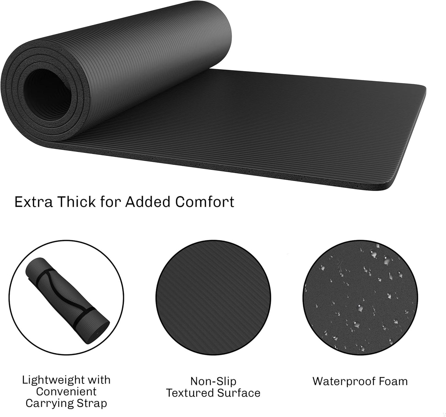 Foam Sleeping Pad - Lightweight 0.5-Inch Mat for Camping, Cots, Tents, Backpacking, and Yoga - Non-Slip and Waterproof with Handle by Wakeman (Black)