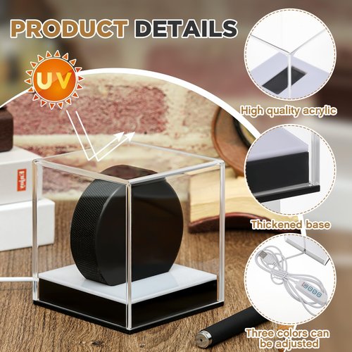 Colingmill Clear Hockey Puck Display Case with LED Light Acrylic Dustproof UV Protection Hockey Puck Holder Stand for Collectibles Storage Display