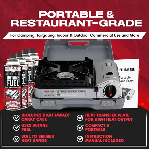 Chef Master 15,000 BTU Butane Portable Camp Stove | Double Wind-Guard Portable Stove Burner w/Piezo Click Ignition for Emergencies, Tailgating, Hiking, Backpacking & Camping Essentials - 90019