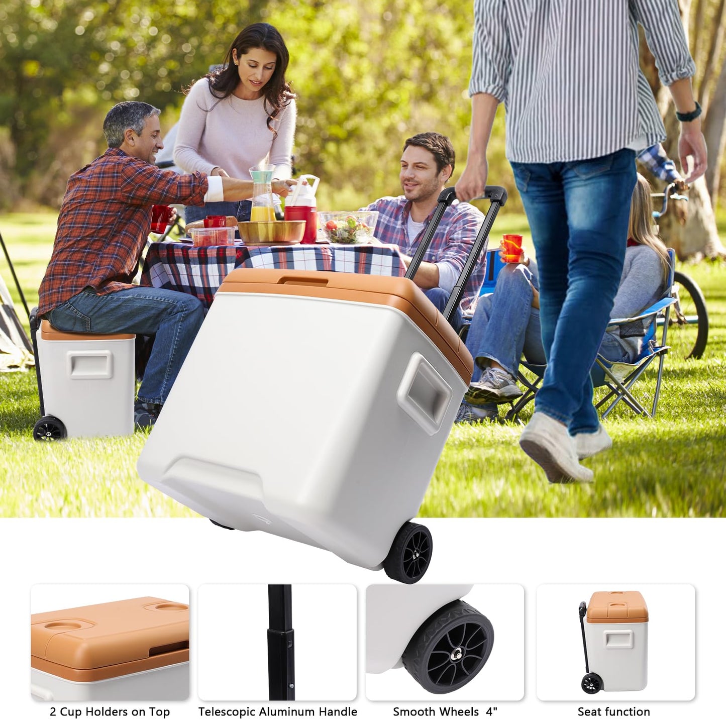 Aircity 32 Qt Cooler with Wheels, Ice Chests Portable Camping Cooler-2 Cup Holders, 4 Inch Wheels & Retractable Handle for Car Fridge for RV, Truck, Van, Camping, Travel, Outdoor(30L)