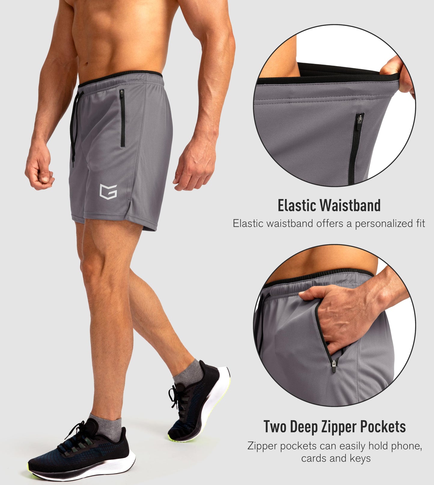 G Gradual Men's Running Shorts with Zipper Pockets Quick Dry Gym Athletic Workout 5" Shorts for Men (Grey, Large)