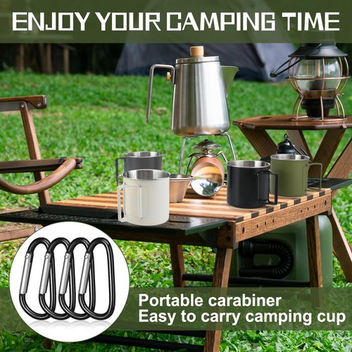 Zhehao 12 oz Camping Mugs Set of 4 Metal Camping Coffee Cups Stainless Steel Cups with Folding Handles D Ring Portable Backpacking Mugs Travel for Outdoor Hiking Climbing Picnic Party