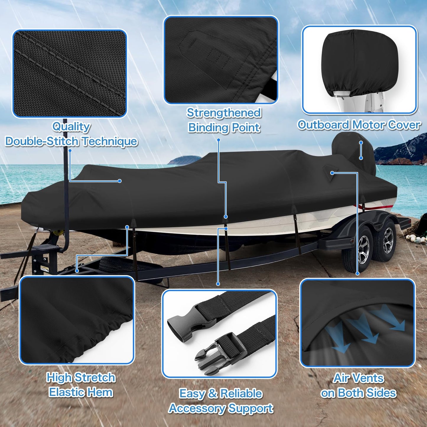 Solim Waterproof 1200D PU Boat Cover with Motor Cover, Heavy Duty Marine Grade Trailerable Polyester Canvas, Fits 20-22ft V-Hull, Runabout, Fishing, Ski Boat with Straps, Black