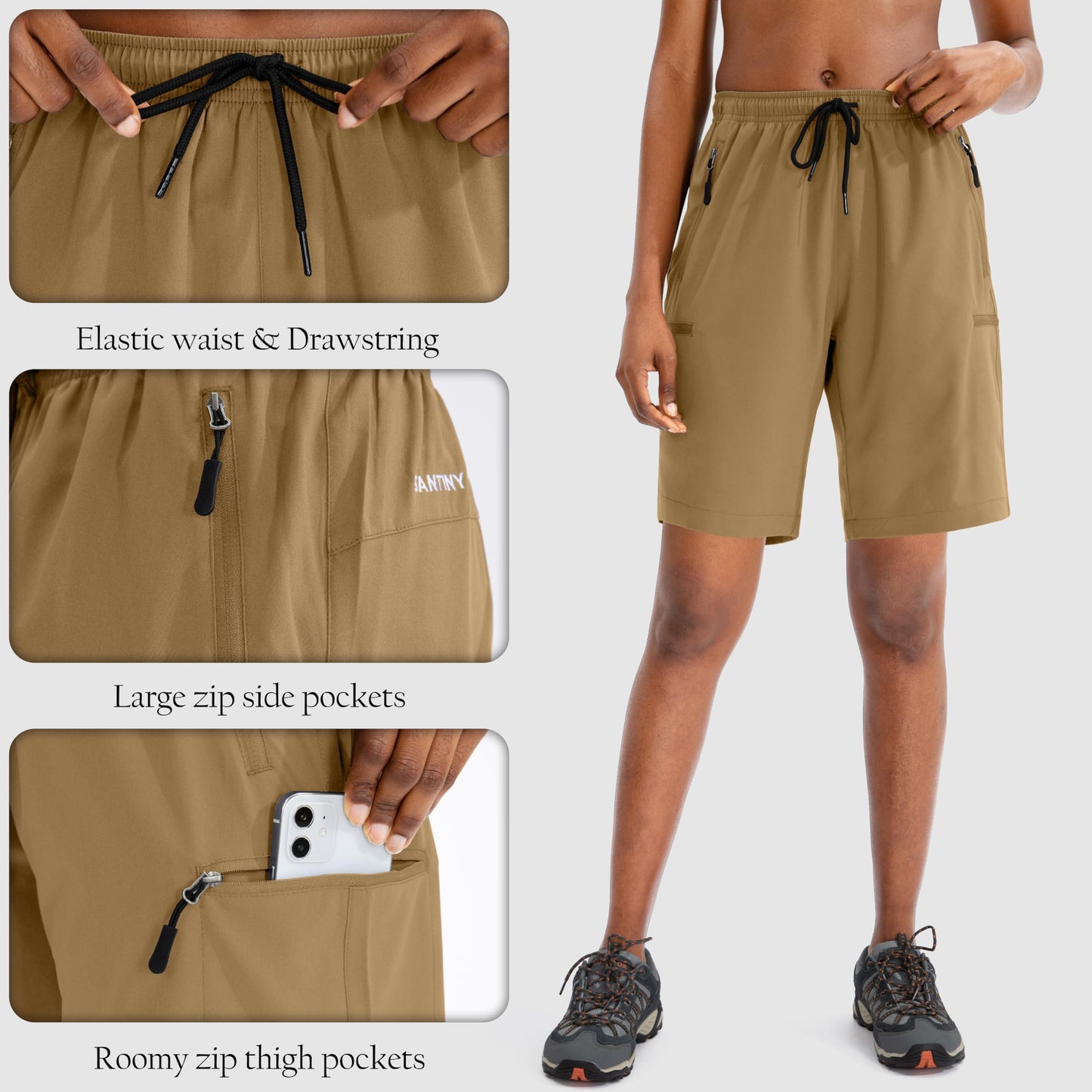 SANTINY Women's 5''/ 7''/9'' Hiking Cargo Shorts Quick Dry Lightweight Summer Shorts for Women Athletic Zipper Pockets(Dark Khaki_XXL)