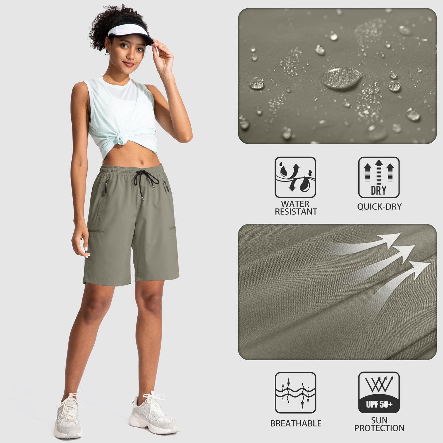 SANTINY Women's 5''/ 7''/9'' Hiking Cargo Shorts Quick Dry Lightweight Summer Shorts for Women Athletic Zipper Pockets(Grey Sage_M)