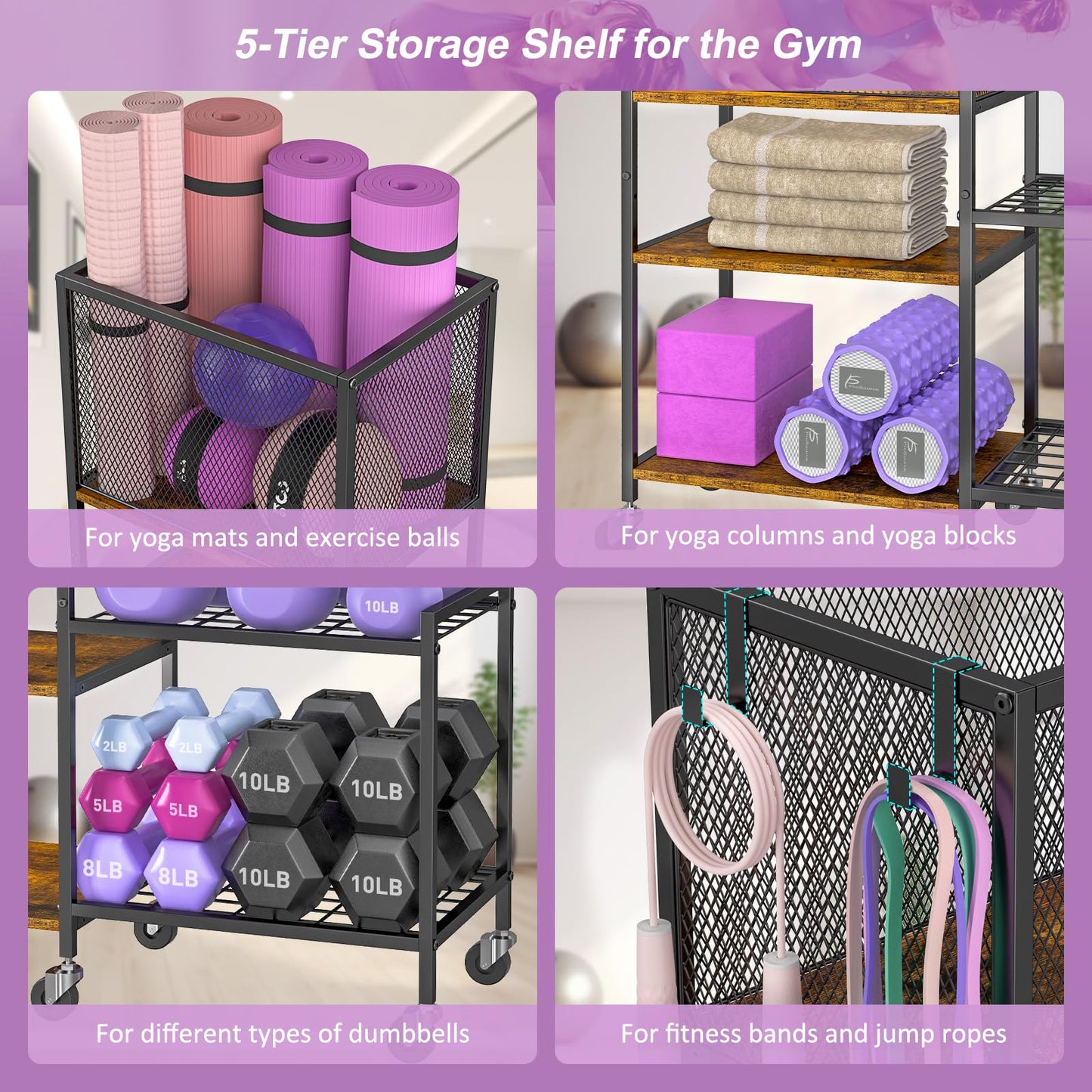 5 Tier Dumbbell Rack, Yoga Mat Storage Holder, Home Gym Storage Rack, Workout Equipment Storage Organizer, Weight Storage Holder Rack with Hooks and Wheels