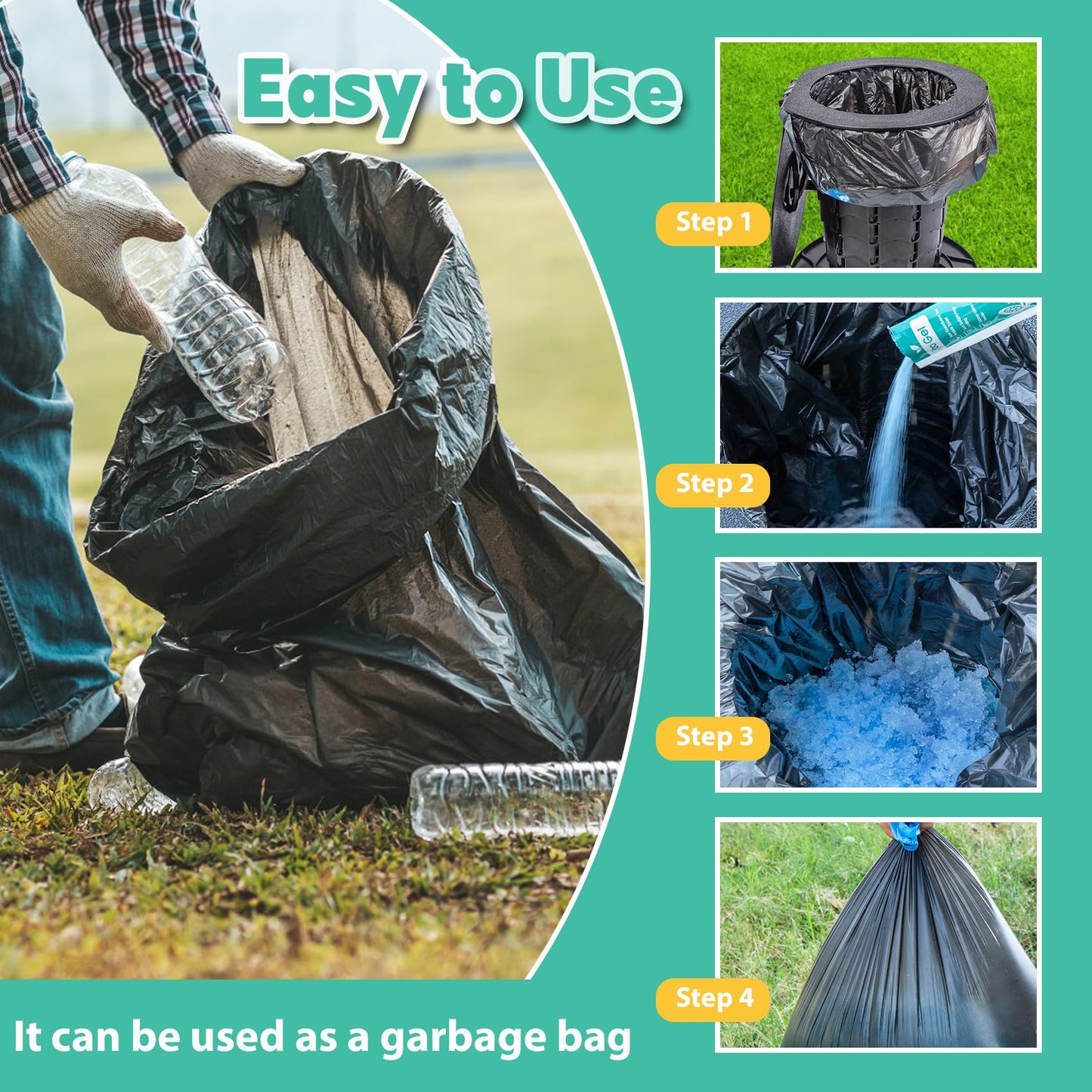 30 Portable Toilet Bags Poo Gel Set, 8 Gallon Camping Toilet Bags with Portable Absorbent Toilet Gel, Urine Powder with Potty Trash Waste Bags for Outdoor Camping, Traveling, Emergency