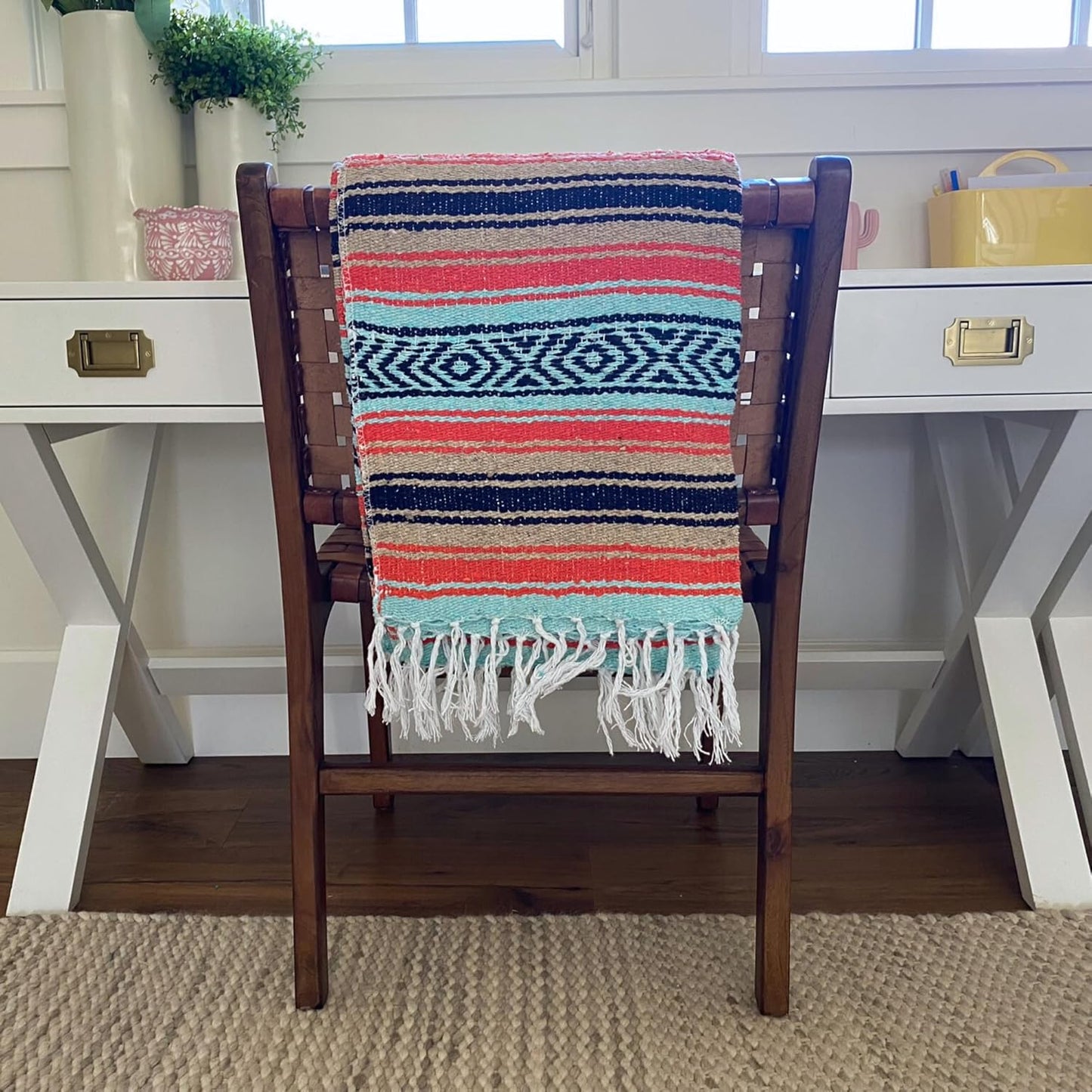 Authentic Del Mex Large Mexican Blanket - Woven Falsa Throw (70"x50") for Beach, Yoga & Outdoor Decor - Pink/Tan