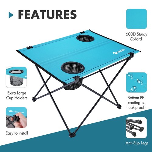 VILLEY Folding Camping Table, Lightweight Portable Beach Table with 2 Cup Holders & Carry Bag for Camping, Beach, Fishing, Travel, and Outdoor Activities (Small)