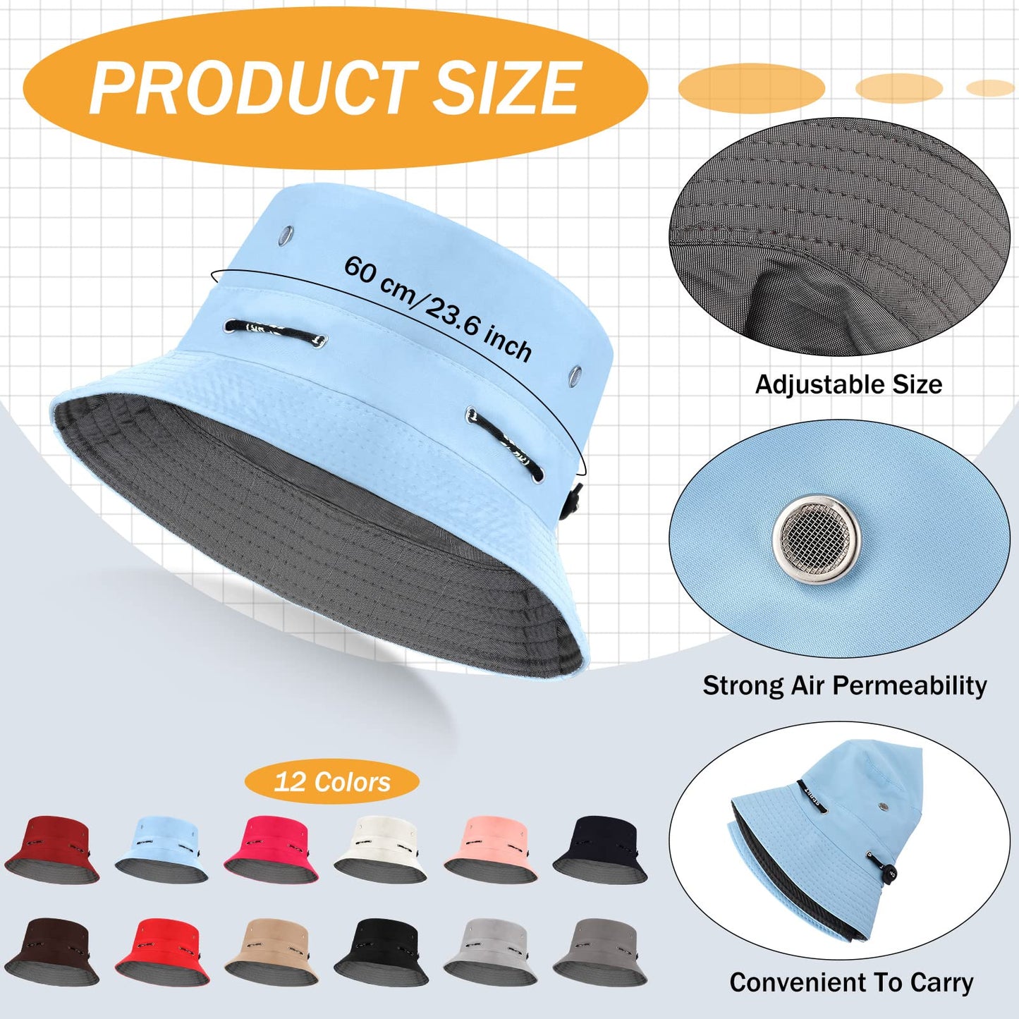 Didaey 12 Pcs Bucket Hat Summer Adjustable UV Protection Hat Bulk Wide Brim with Strings for Beach Camping Hiking(Bright Colors)