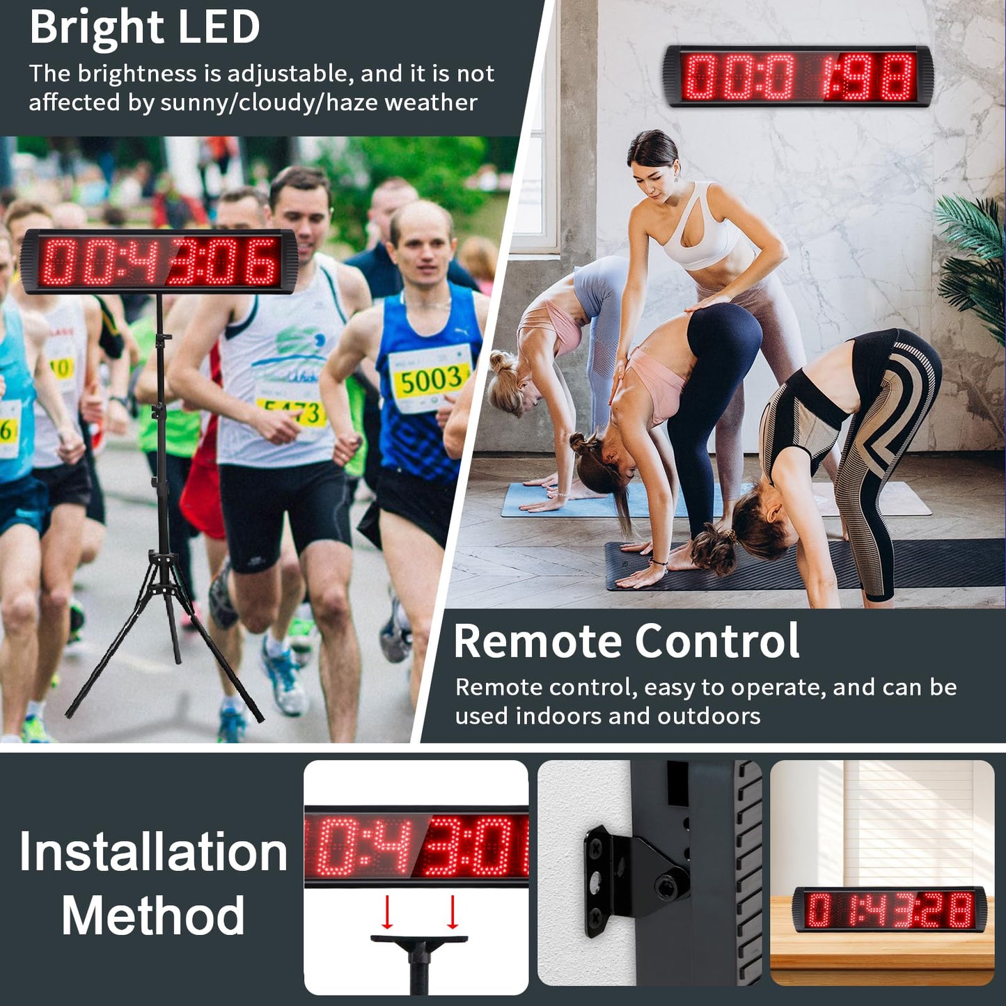 GAN XIN Large LED Display Digital Race Timer with Battery,Function-Countdown/Up/Time Clock, Remote Control, Tripod Stand and Adjustable Brightness for Sports Events, Races, Meetings, Presentations
