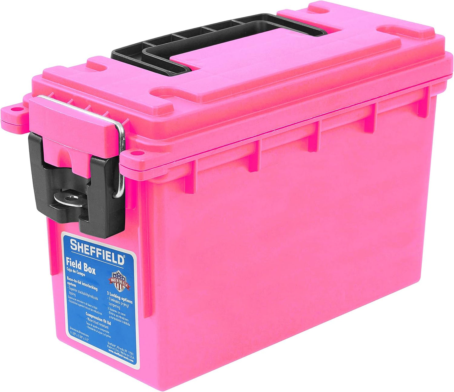 Sheffield 12629 Ammo Storage Box, Stackable .30 Cal Field Boxes, Water and Dust Resistant, Lockable Storage Box with Handle, Secures Hunting Gear, Supplies, and Bullets, Made in USA, Black, 1-Pack