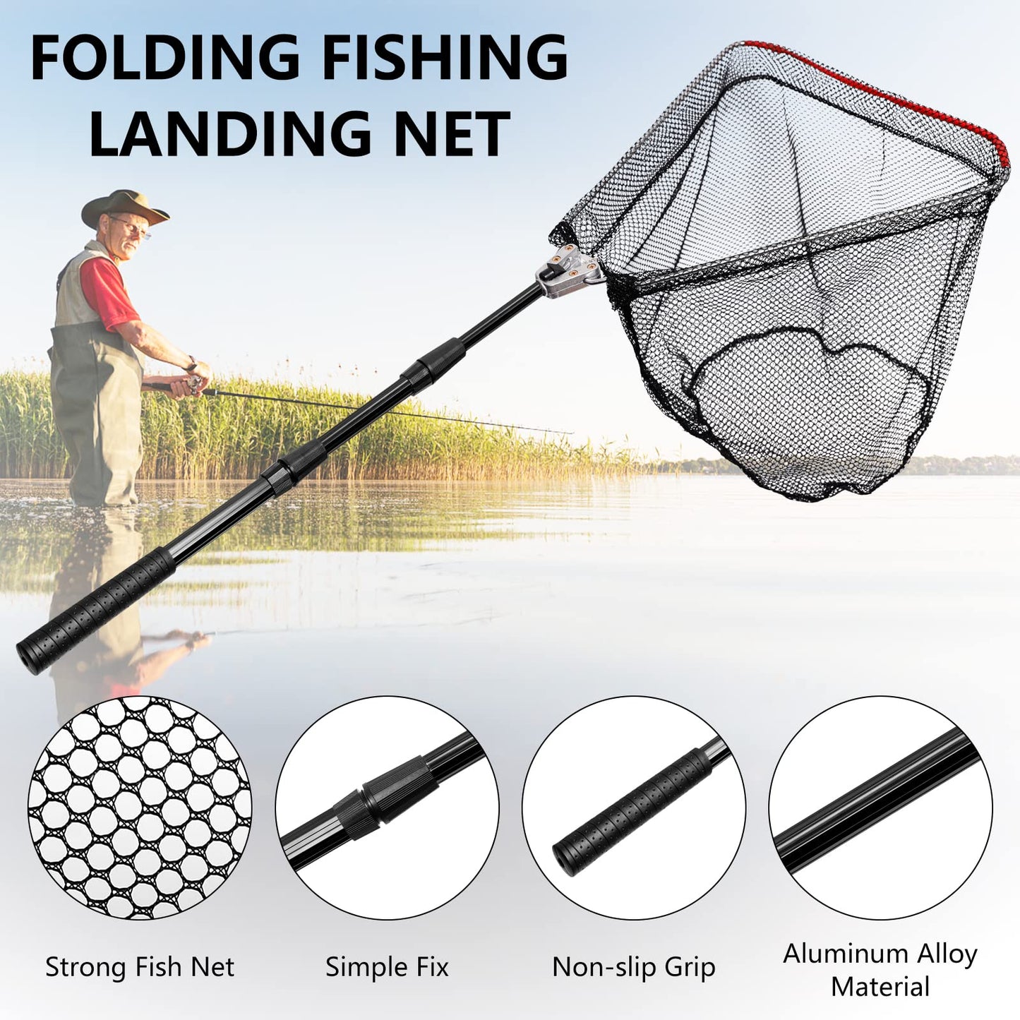 Fishing Landing Net, Fishing Net for Freshwater Saltwater with Long Telescoping Pole Handle Foldable Collapsible Small Fish Net for Kids Men Women Easy Catch Release