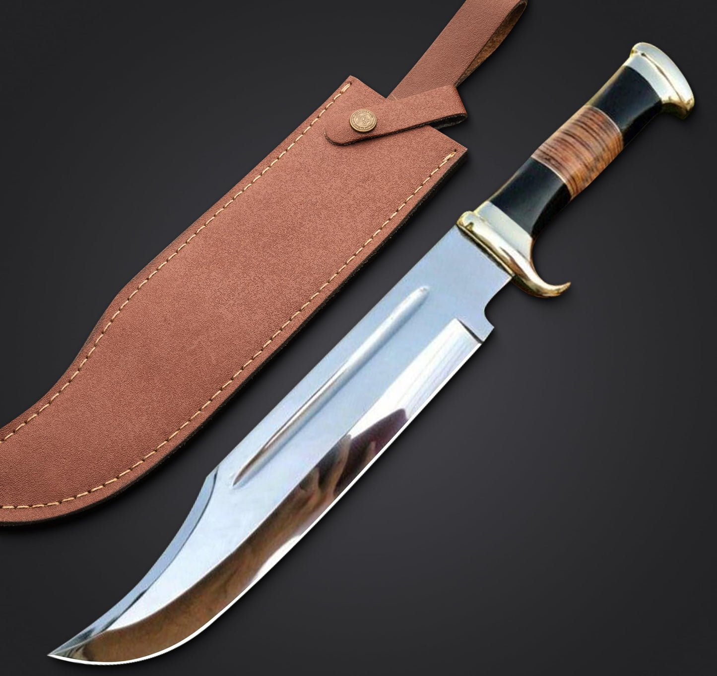WARIVO KNIFE D2 18 Inches Large Crocodile Dundee Bowie Knife with Leather Sheath Big Survival Fixed Blade Knife with Leather and Horn Handle for Outdoor Camping Knives For Men