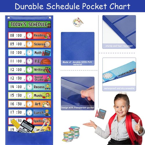 Daily Schedule Pocket Chart Kit,40 Bright Attractive Double-Sided Reusable Erasable Cards,1 Title Card,13+1 Scheduling Pocket Chart with 2 Hangers for Classroom Office Home Preschool Learning (Blue)