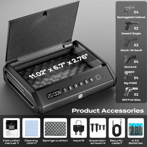 Biometric Gun Safe - 100 Fingerprints, 3-Ways Unlock Large Handgun Lock Box fits 4 Pistols, Silent Mode & Emergency Power for Home Nightstand & Car TOPMEDA