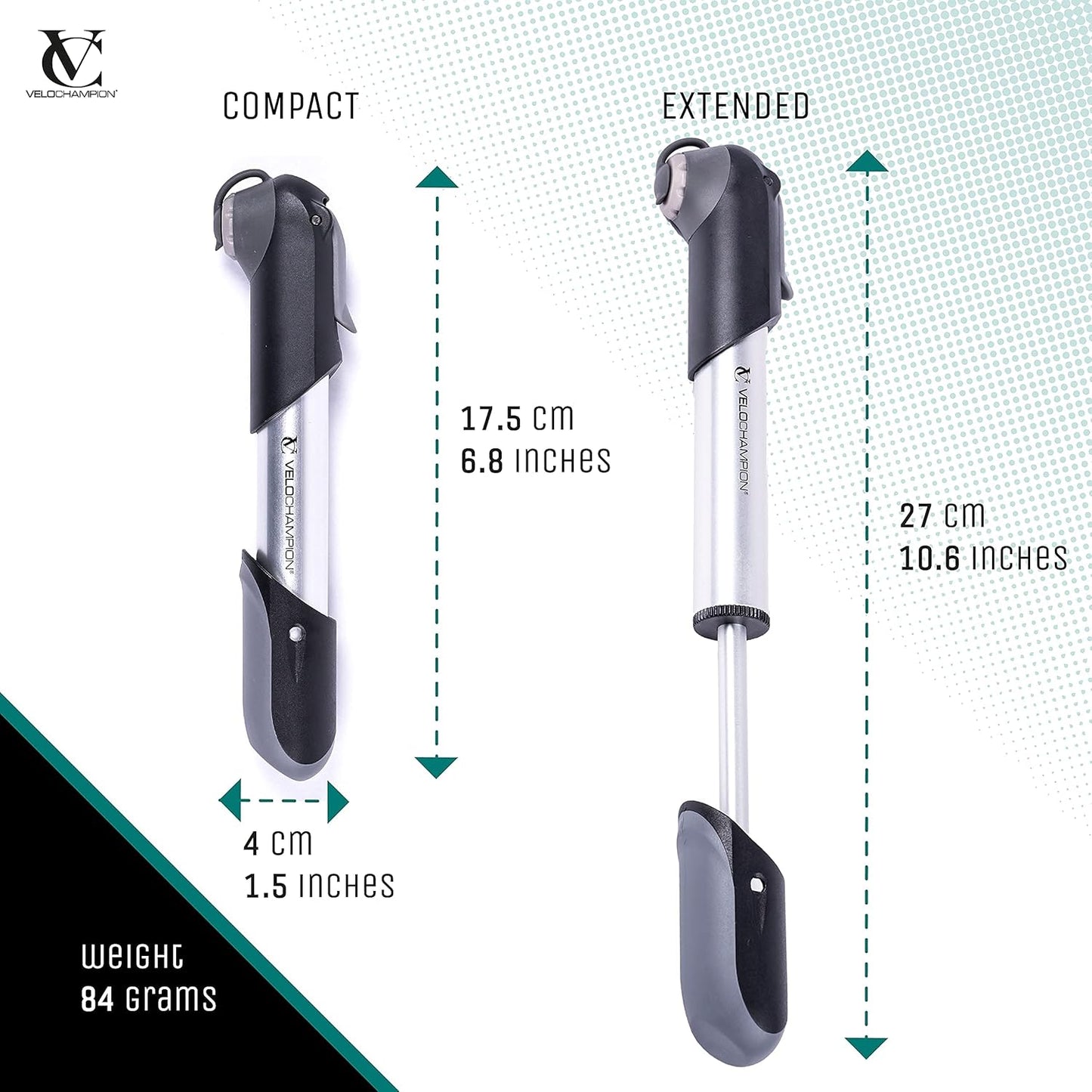 VeloChampion Alloy Mini Bike Pump Suitable for Presta, Schrader and Dunlop - Portable, Compact, Durable and Easy to Use
