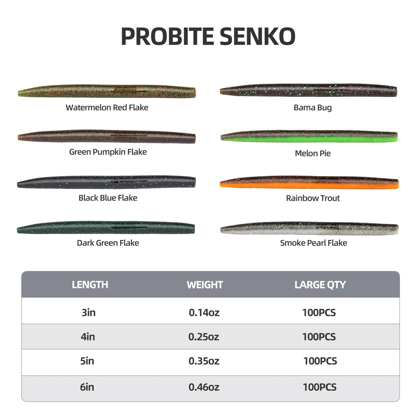 PROBITE Soft Fishing Worm 100PCS, 3/4/5/6" Mega Value Pack Senko Style Soft Lures for Bass, Plastic Worm Stick Baits, Multicolor, Cost-Effective Fishing Gift